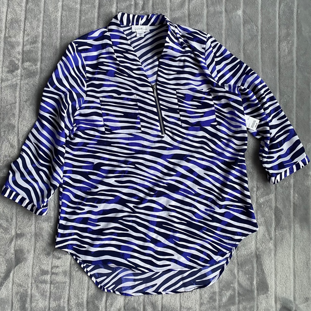 Jaclyn Smith Blue Zebra Blouse, Medium, NWT
